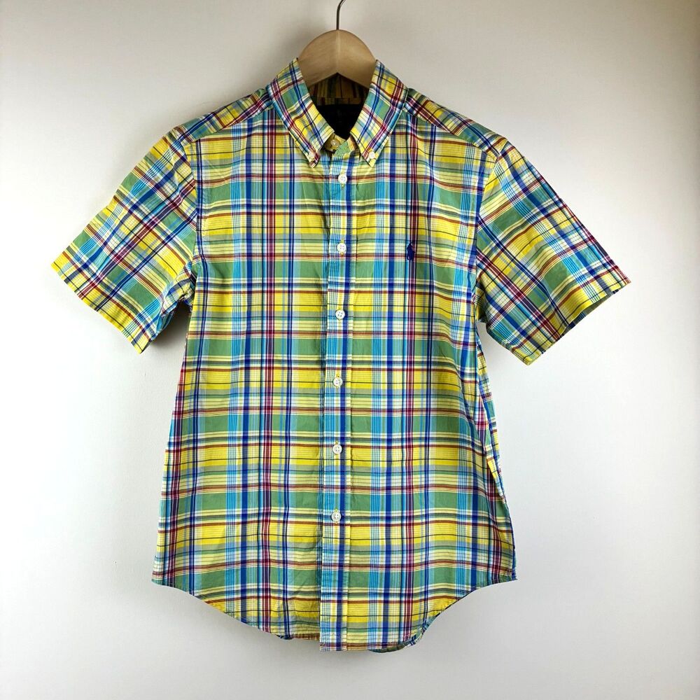 Polo Ralph Lauren Boys Short Sleeve Plaid Oxford Shirt Yellow Green Blue 10/12